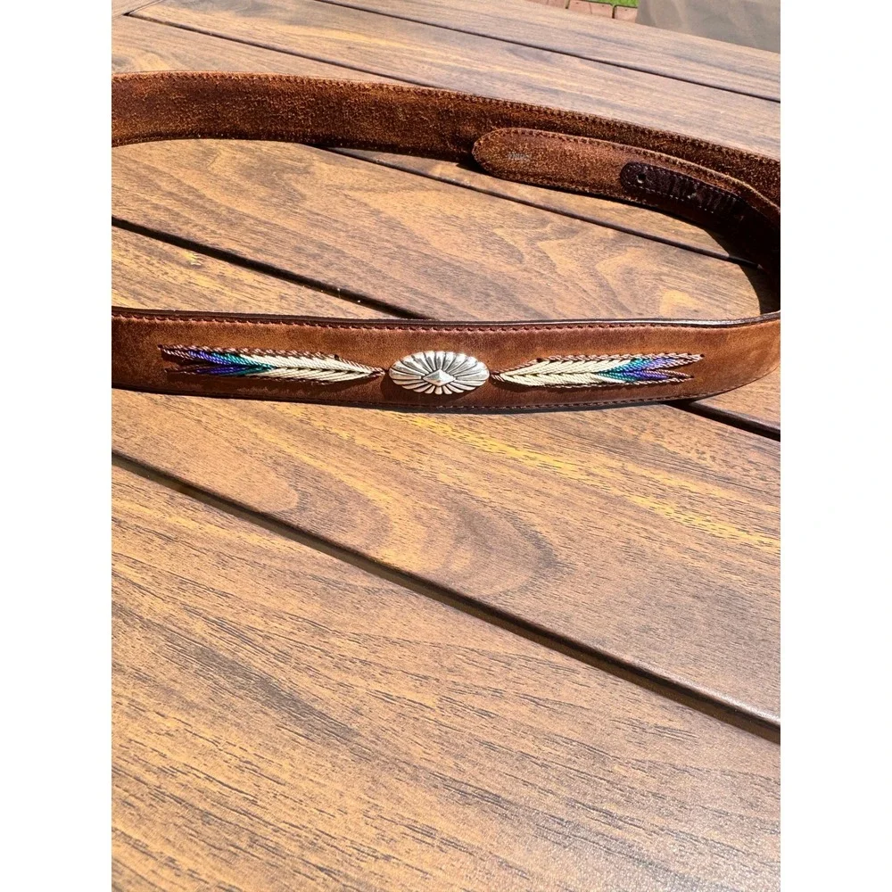 Tony Lama Mens Brown Leather Western Belt Embroidered Concho Silver Buckle 42